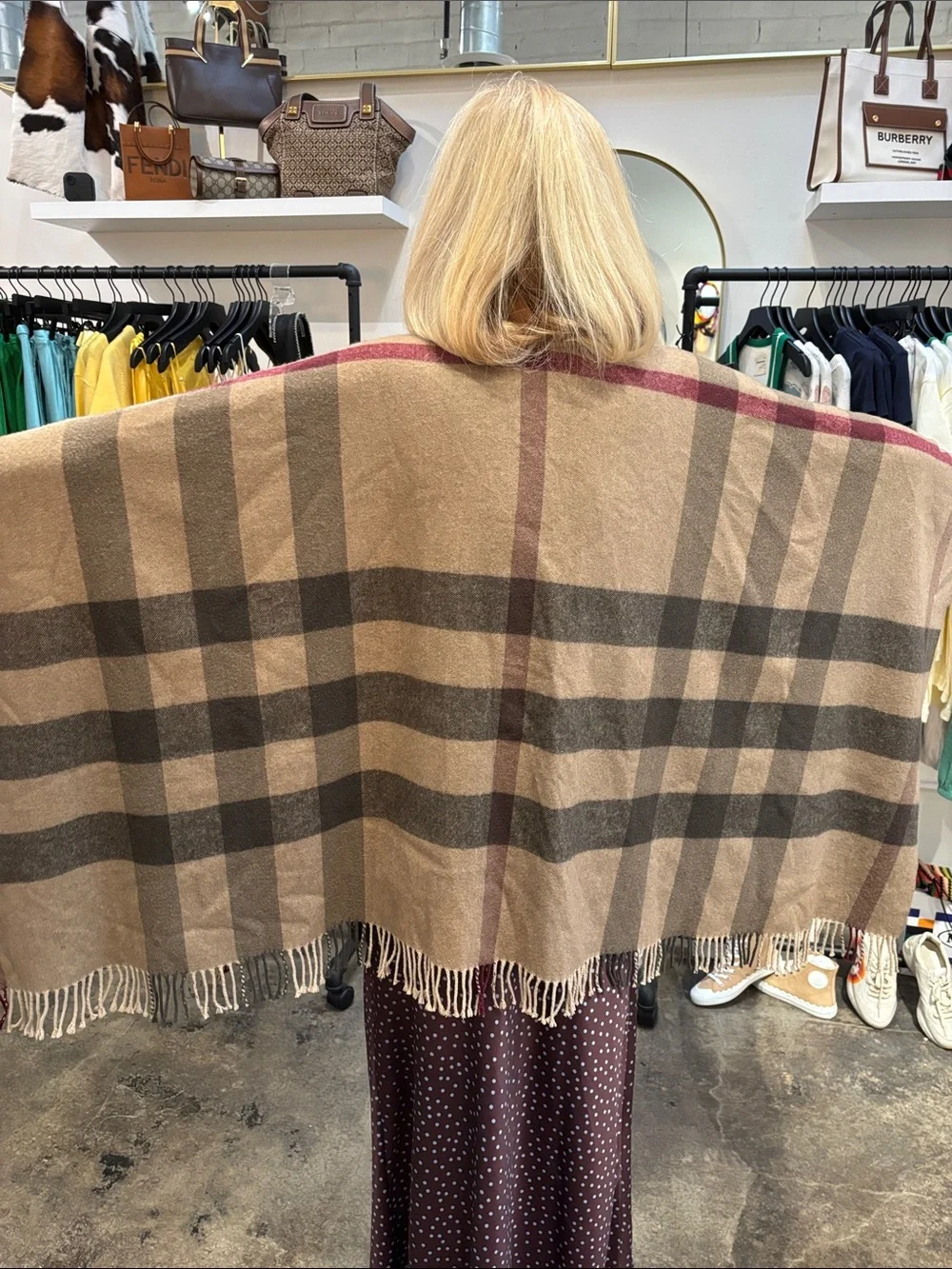 Burberry Camel Plaid Fringe Wrap with Burgundy Stripe